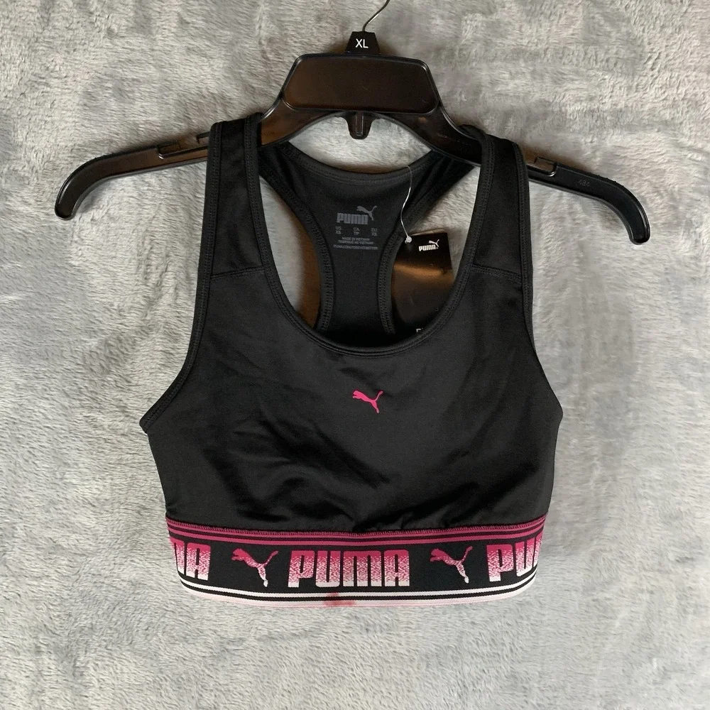 Puma Women's Sports Bra XS Black Pink Mid Impact Strong Drycell Moisture Wicking